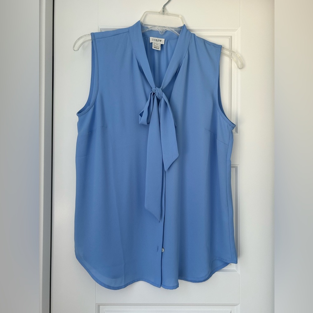 J Crew Factory Blue Sleeveless Blouse with Tie Neck